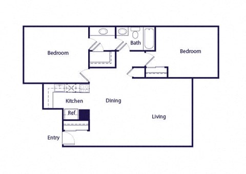 Floor plan for 2 beds, 1 bath, 966 sqft